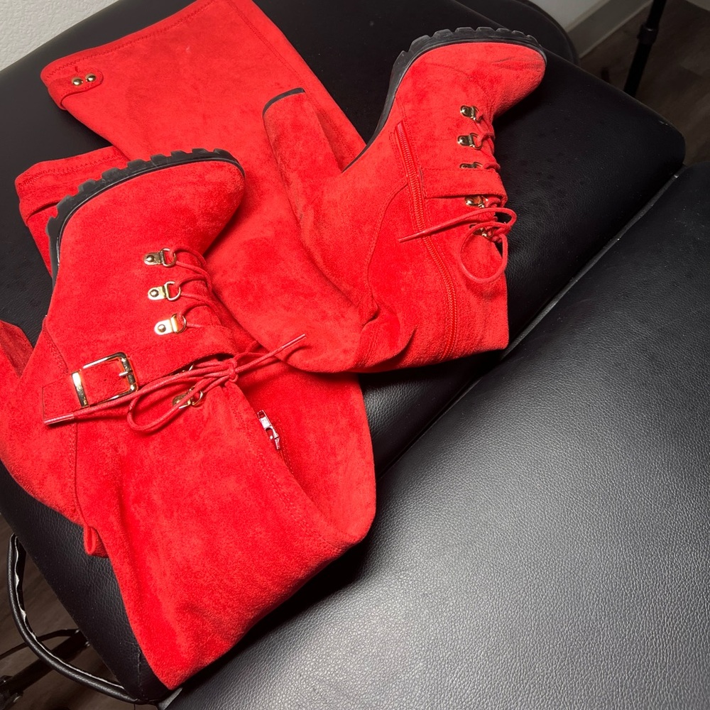 Red cute thigh high boots.